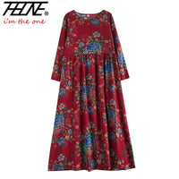 SaneShoppe - Plus Size Bohemian Print Maxi Long Dresses Ready Stock Dress for Women Floral Casual Cotton Linen Loose Vestidos De Mujer Robe