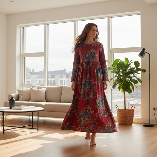 SaneShoppe-Boho Floral Print Maxi Dress for Women, Plus Size, Cotton Linen Loose Fit