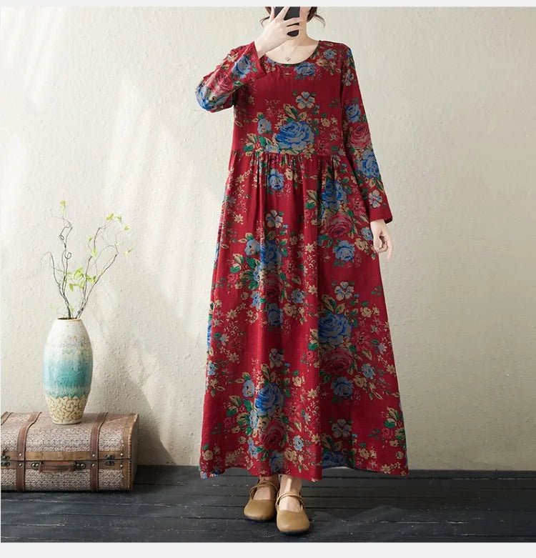 SaneShoppe - Plus Size Bohemian Print Maxi Long Dresses Ready Stock Dress for Women Floral Casual Cotton Linen Loose Vestidos De Mujer Robe
