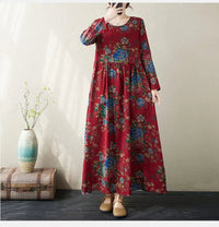 SaneShoppe - Plus Size Bohemian Print Maxi Long Dresses Ready Stock Dress for Women Floral Casual Cotton Linen Loose Vestidos De Mujer Robe