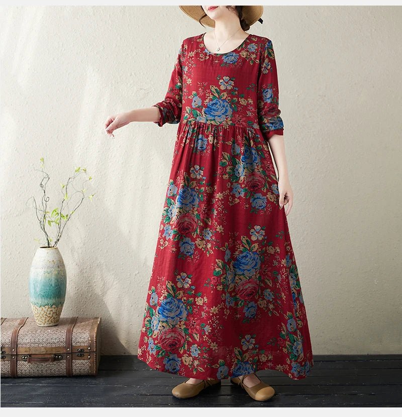 SaneShoppe - Plus Size Bohemian Print Maxi Long Dresses Ready Stock Dress for Women Floral Casual Cotton Linen Loose Vestidos De Mujer Robe