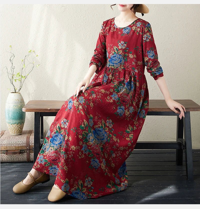 SaneShoppe - Plus Size Bohemian Print Maxi Long Dresses Ready Stock Dress for Women Floral Casual Cotton Linen Loose Vestidos De Mujer Robe