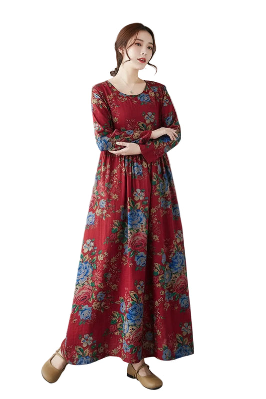 SaneShoppe-Boho Floral Print Maxi Dress for Women, Plus Size, Cotton Linen Loose Fit