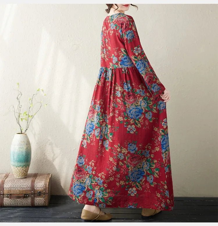 SaneShoppe - Plus Size Bohemian Print Maxi Long Dresses Ready Stock Dress for Women Floral Casual Cotton Linen Loose Vestidos De Mujer Robe