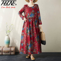 SaneShoppe - Plus Size Bohemian Print Maxi Long Dresses Ready Stock Dress for Women Floral Casual Cotton Linen Loose Vestidos De Mujer Robe