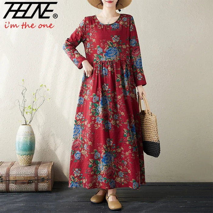 SaneShoppe - Plus Size Bohemian Print Maxi Long Dresses Ready Stock Dress for Women Floral Casual Cotton Linen Loose Vestidos De Mujer Robe