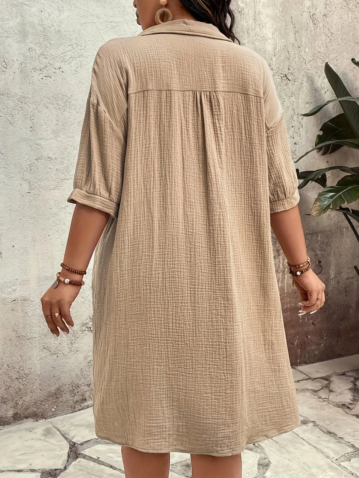 SaneShoppe - plus Size Casual Loose Women's Shirt Dress with Button - Up Collar Short Sleeve Commute Straight Cut Outdoor Dress