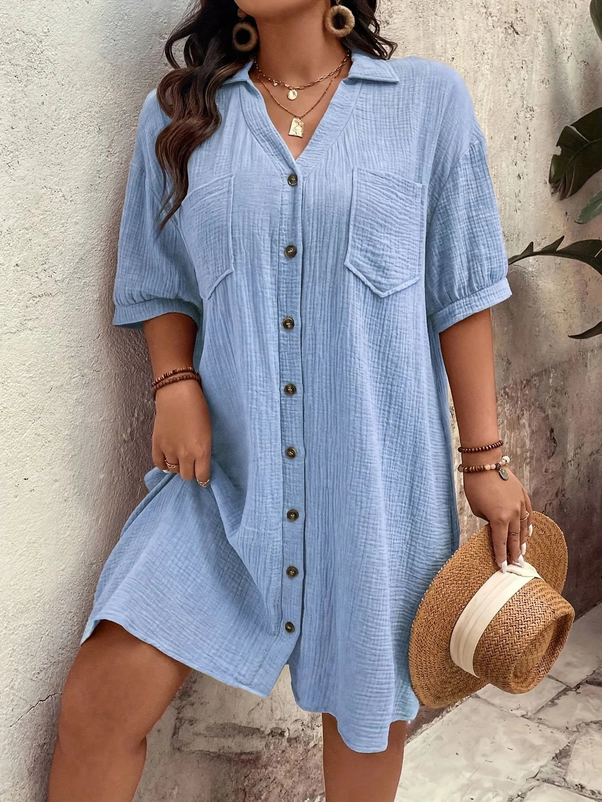 SaneShoppe - plus Size Casual Loose Women's Shirt Dress with Button - Up Collar Short Sleeve Commute Straight Cut Outdoor Dress