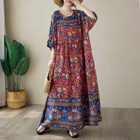 SaneShoppe - Plus Size Plus Size Summer Dress round Neck Silk Print Loose Short Sleeve Bohemian Long Dress Simple Positioning Flower Elega...
