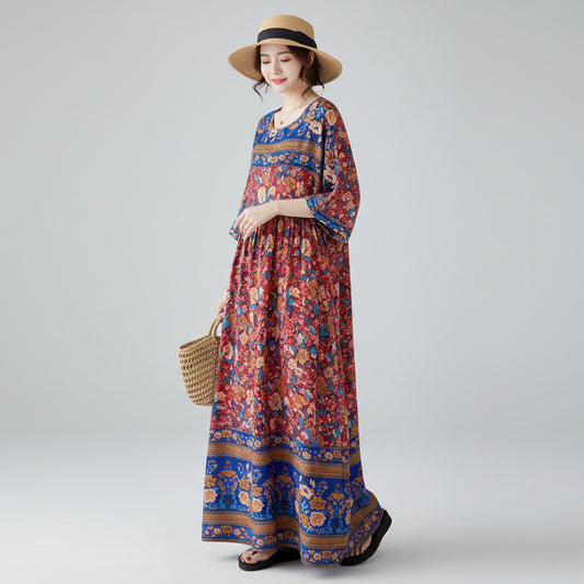 SaneShoppe-Silk Print Bohemian Long Dress for Plus Size Women - Floral Elegance