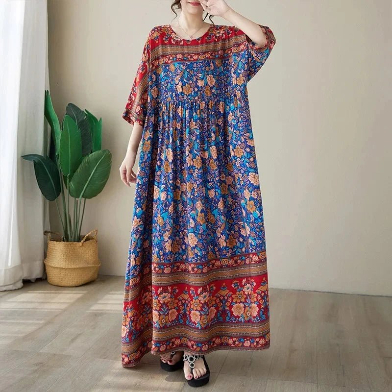 SaneShoppe - Plus Size Plus Size Summer Dress round Neck Silk Print Loose Short Sleeve Bohemian Long Dress Simple Positioning Flower Elega...