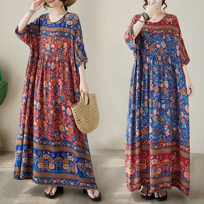 SaneShoppe - Plus Size Plus Size Summer Dress round Neck Silk Print Loose Short Sleeve Bohemian Long Dress Simple Positioning Flower Elega...