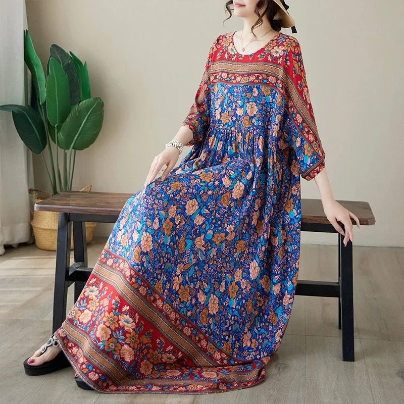 SaneShoppe - Plus Size Plus Size Summer Dress round Neck Silk Print Loose Short Sleeve Bohemian Long Dress Simple Positioning Flower Elega...