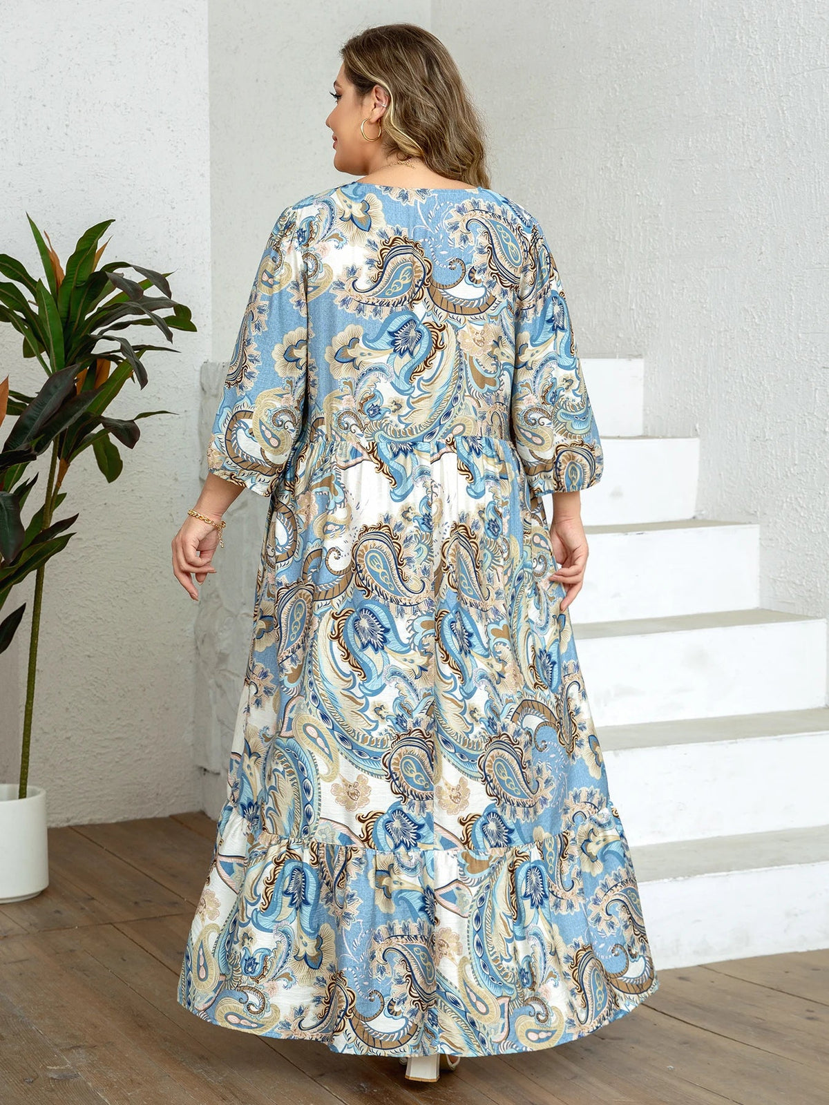 SaneShoppe - Plus Size Women's Blue - Brown Ethnic Paisley Print V - Neck Half Sleeve Tie Waist Dress