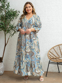 SaneShoppe - Plus Size Women's Blue - Brown Ethnic Paisley Print V - Neck Half Sleeve Tie Waist Dress