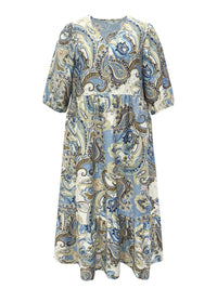SaneShoppe - Plus Size Women's Blue - Brown Ethnic Paisley Print V - Neck Half Sleeve Tie Waist Dress