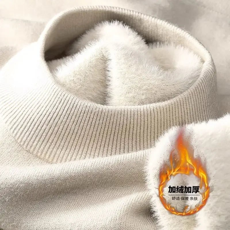 SaneShoppe - Plush Men's Knitted Sweater Turtleneck with Velvet Padded Warm Solid Pullovers Autumn Winter Thick Bottom Casual O - Neck Sweater