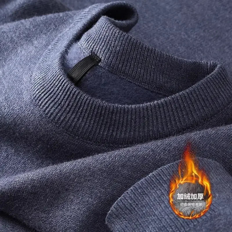 SaneShoppe - Plush Men's Knitted Sweater Turtleneck with Velvet Padded Warm Solid Pullovers Autumn Winter Thick Bottom Casual O - Neck Sweater