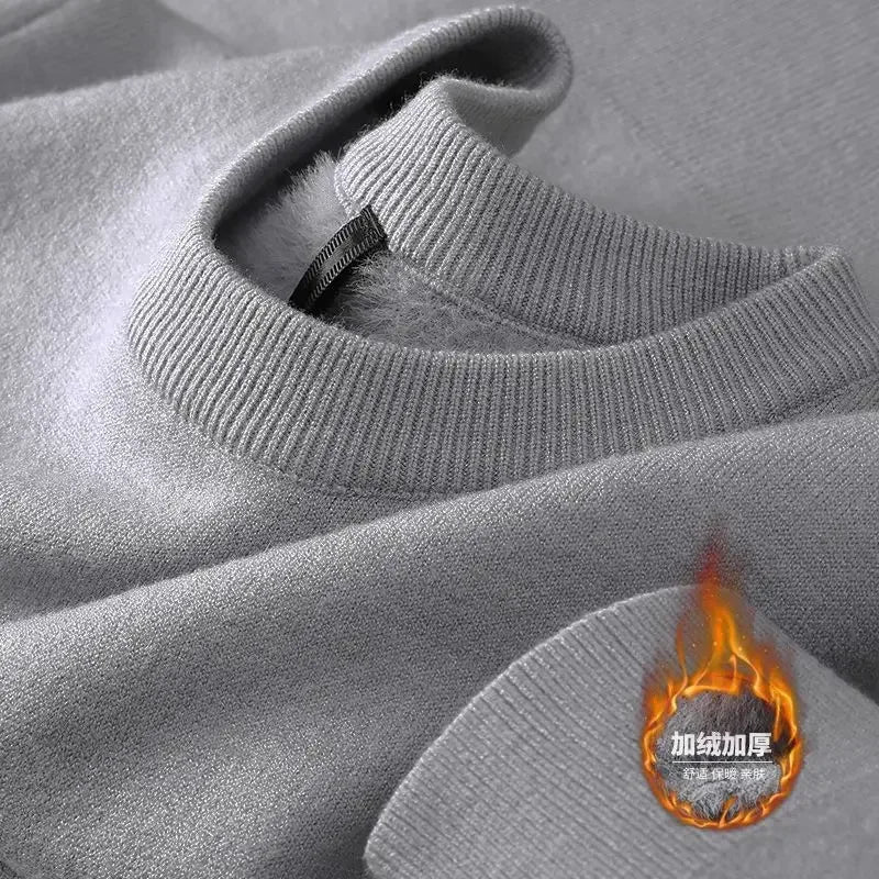 SaneShoppe - Plush Men's Knitted Sweater Turtleneck with Velvet Padded Warm Solid Pullovers Autumn Winter Thick Bottom Casual O - Neck Sweater