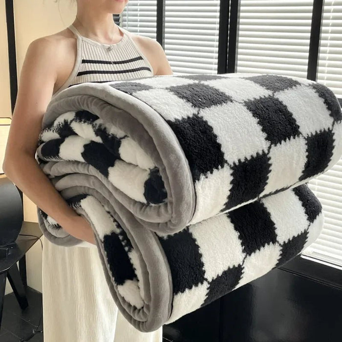 SaneShoppe - Plush Warm Winter Blanket A Grade Plaid Coral Fleece Soft Thick Bed Blankets for Sofa Single Double Couple Furry Bedspread