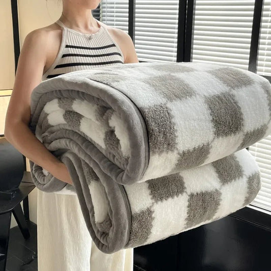 SaneShoppe - Plush Warm Winter Blanket A Grade Plaid Coral Fleece Soft Thick Bed Blankets for Sofa Single Double Couple Furry Bedspread