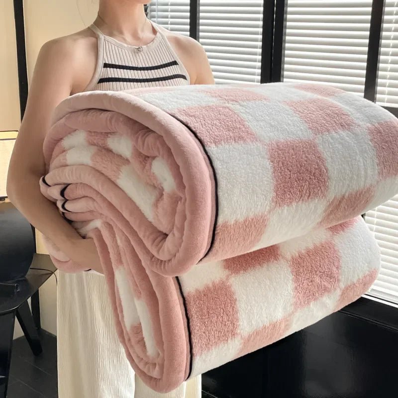 SaneShoppe - Plush Warm Winter Blanket A Grade Plaid Coral Fleece Soft Thick Bed Blankets for Sofa Single Double Couple Furry Bedspread