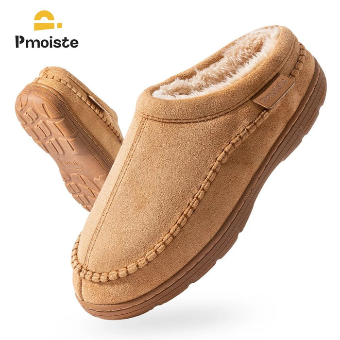 SaneShoppe - Pmoiste Soft Faux Suede House Slippers Men Comfortable Warm Cushion Designer Mark Line Living Room Shoes Slip - on Winter Indoor