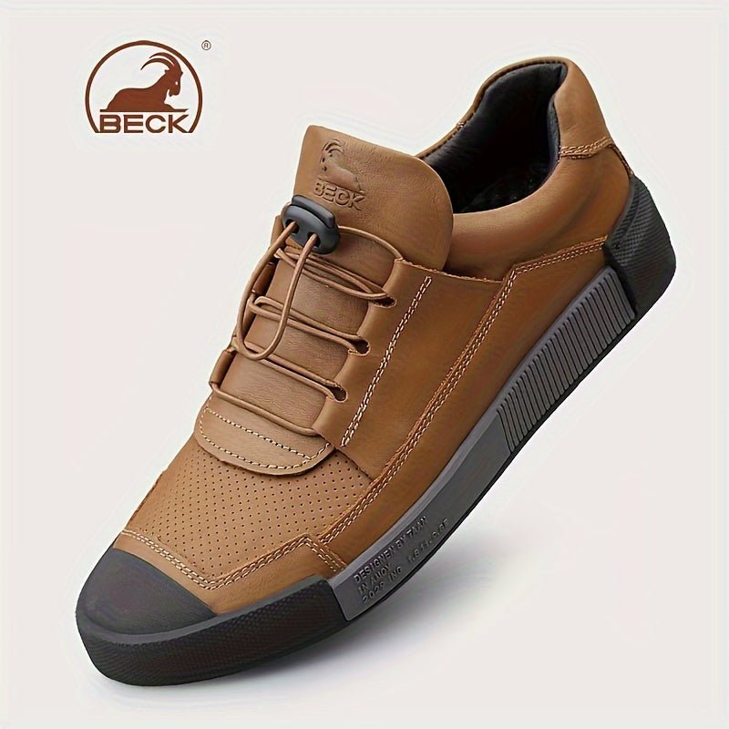 SaneShoppe - [Popular Choice] BECK for RAM Men's Genuine Sneakers - Breathable, Comfortable Lace - Up Casual Shoes with Non - Slip Rubber Sole, Striped Detail for Street Style, Spring/Summer/Autumn, Elastic, Low - top, Business Shoes
