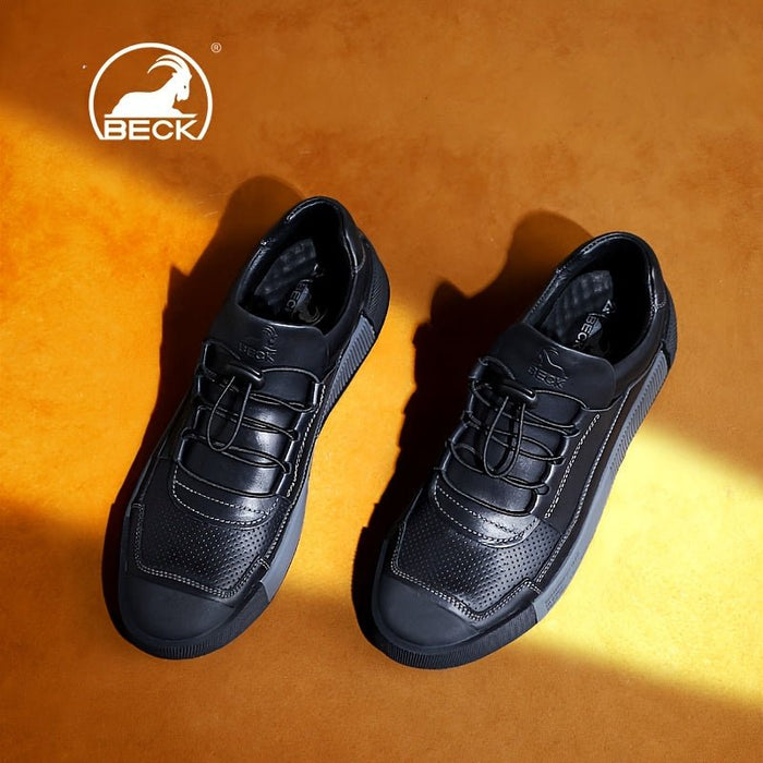 SaneShoppe - [Popular Choice] BECK for RAM Men's Genuine Sneakers - Breathable, Comfortable Lace - Up Casual Shoes with Non - Slip Rubber Sole, Striped Detail for Street Style, Spring/Summer/Autumn, Elastic, Low - top, Business Shoes