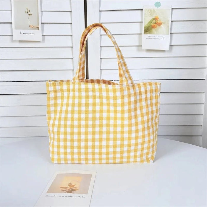 SaneShoppe - Portable Women's Bento Handbags Simple Plaid Ladies Small Tote Purse Shoulder Bags Retro Female Cloth Reusable Shopping Bag