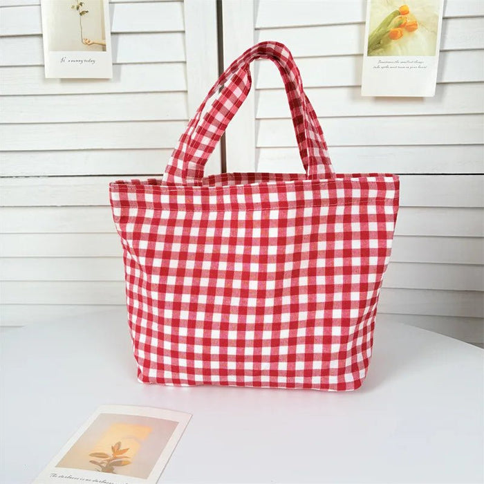 SaneShoppe - Portable Women's Bento Handbags Simple Plaid Ladies Small Tote Purse Shoulder Bags Retro Female Cloth Reusable Shopping Bag
