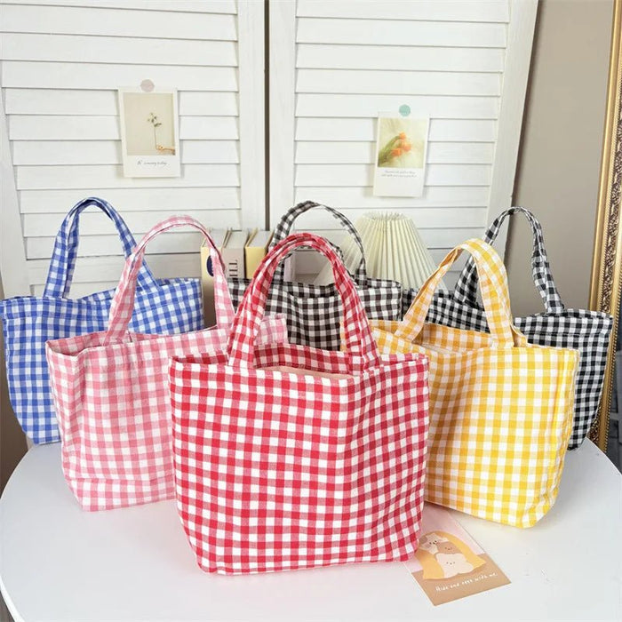SaneShoppe - Portable Women's Bento Handbags Simple Plaid Ladies Small Tote Purse Shoulder Bags Retro Female Cloth Reusable Shopping Bag