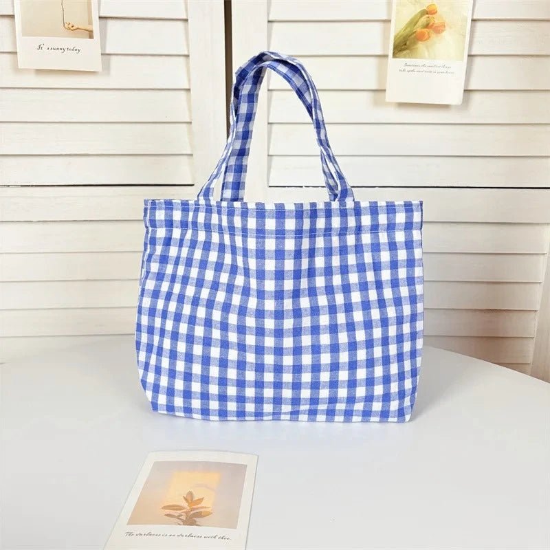 SaneShoppe - Portable Women's Bento Handbags Simple Plaid Ladies Small Tote Purse Shoulder Bags Retro Female Cloth Reusable Shopping Bag
