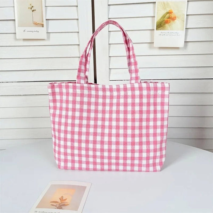 SaneShoppe - Portable Women's Bento Handbags Simple Plaid Ladies Small Tote Purse Shoulder Bags Retro Female Cloth Reusable Shopping Bag
