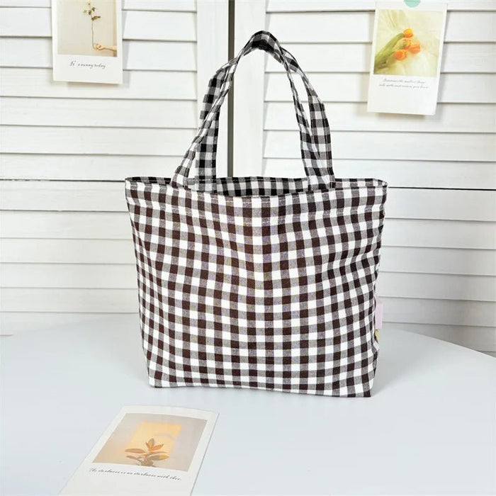 SaneShoppe - Portable Women's Bento Handbags Simple Plaid Ladies Small Tote Purse Shoulder Bags Retro Female Cloth Reusable Shopping Bag