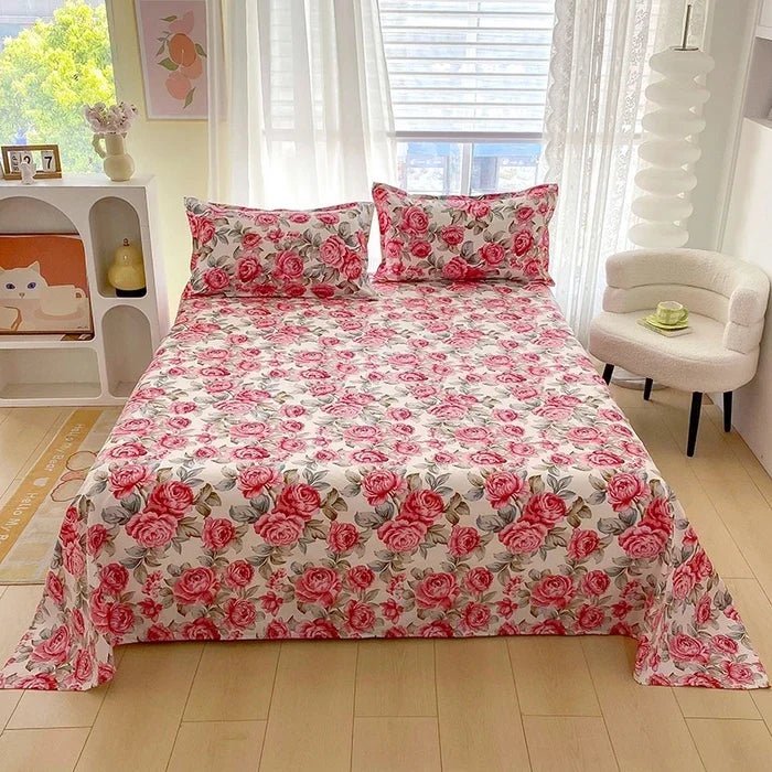 SaneShoppe-Red Flower Printed Flat Bed Sheets - Double/Single/Queen/King Sizes