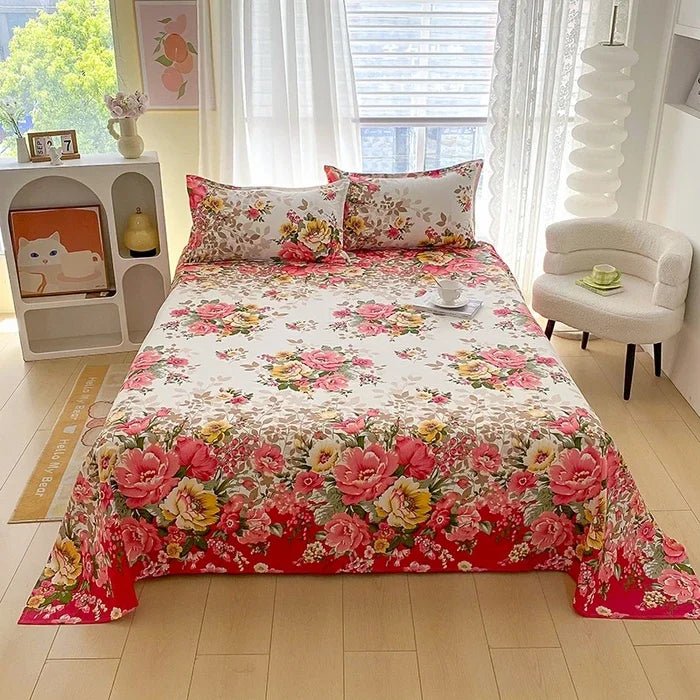 SaneShoppe-Red Flower Printed Flat Bed Sheets - Double/Single/Queen/King Sizes