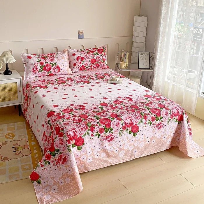 SaneShoppe-Red Flower Printed Flat Bed Sheets - Double/Single/Queen/King Sizes