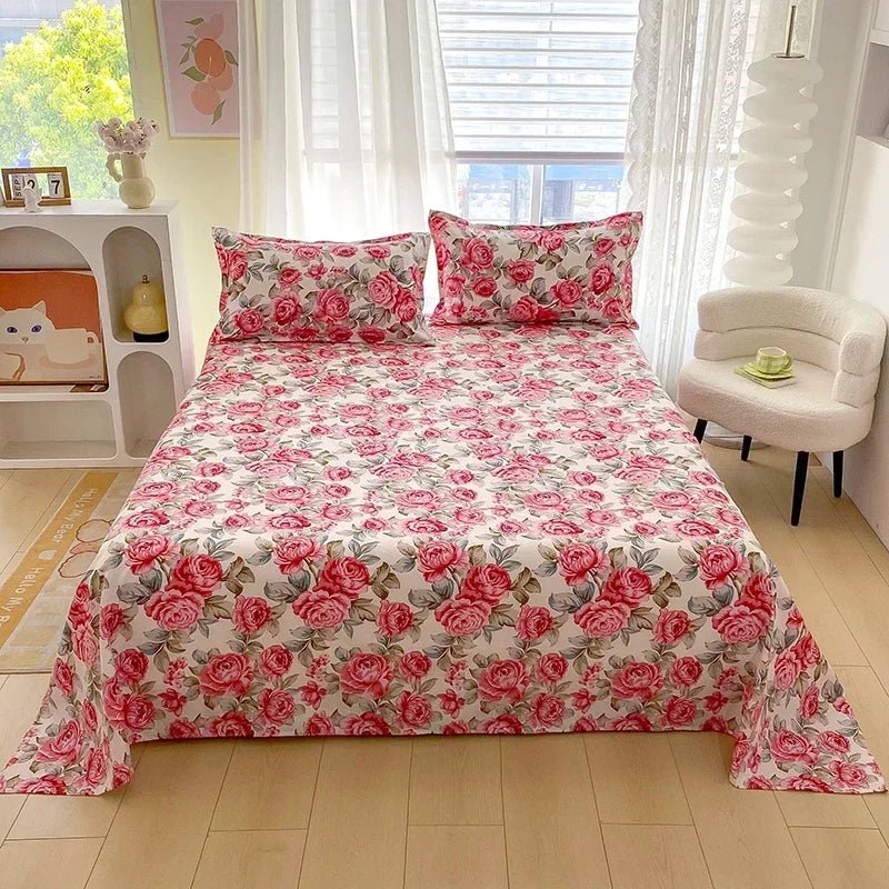 SaneShoppe-Red Flower Printed Flat Bed Sheets - Double/Single/Queen/King Sizes