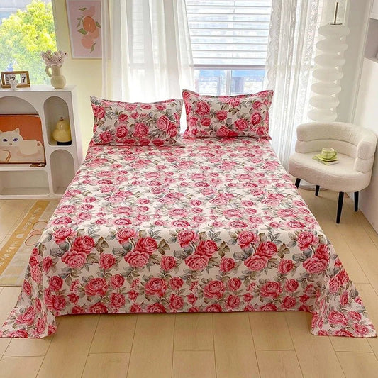SaneShoppe-Red Flower Printed Flat Bed Sheets - Double/Single/Queen/King Sizes