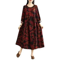 SaneShoppe - Retro Cotton Linen Long Sleeve round Neck Dress Women Loose Slim Print plus Size A - Line Midi Skirt Spring New Style
