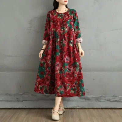 SaneShoppe - Retro Cotton Linen Long Sleeve round Neck Dress Women Loose Slim Print plus Size A - Line Midi Skirt Spring New Style