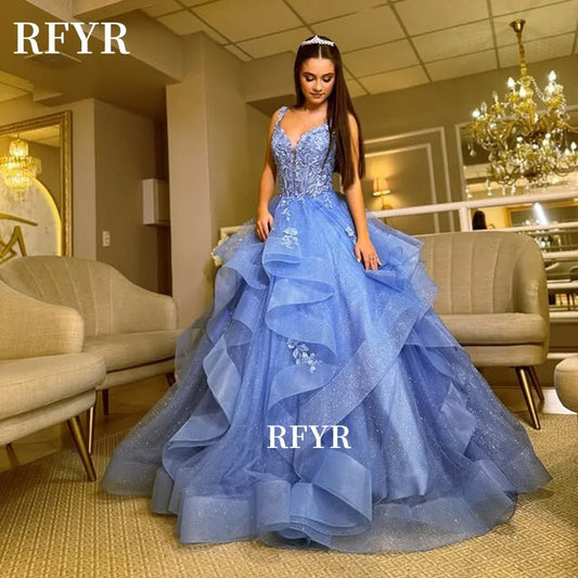 SaneShoppe - RFYR A Line Evening Dresses Lace Prom Dress Multilayers Elegant Princess Gown Applique Party Gown فساتين مناسبة رسمية Customized