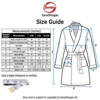 A size guide chart for a robe, showing a labeled robe outline with measurement callouts, a body length measurement table, a tape measure graphic, and the SaneShope logo at the top.