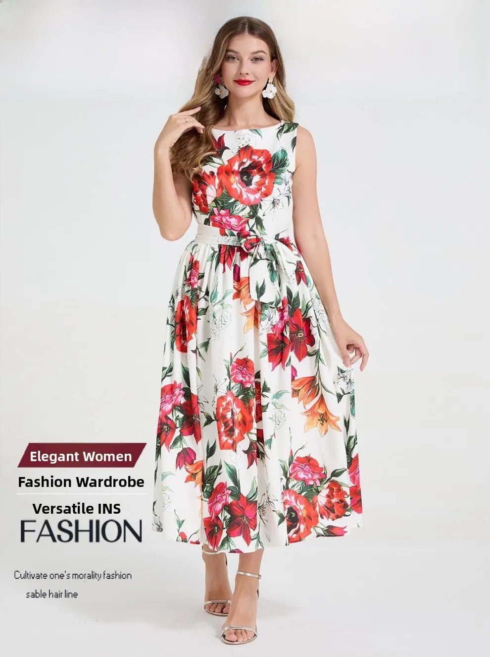 SaneShoppe - Romantic Floral Print Svel Dr High Waist Knot Waist Cinching Maxi Skirt French Sle Polyester Fiber Stree...