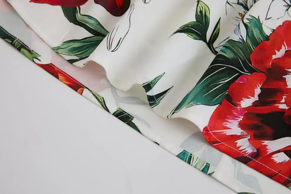 SaneShoppe - Romantic Floral Print Svel Dr High Waist Knot Waist Cinching Maxi Skirt French Sle Polyester Fiber Stree...