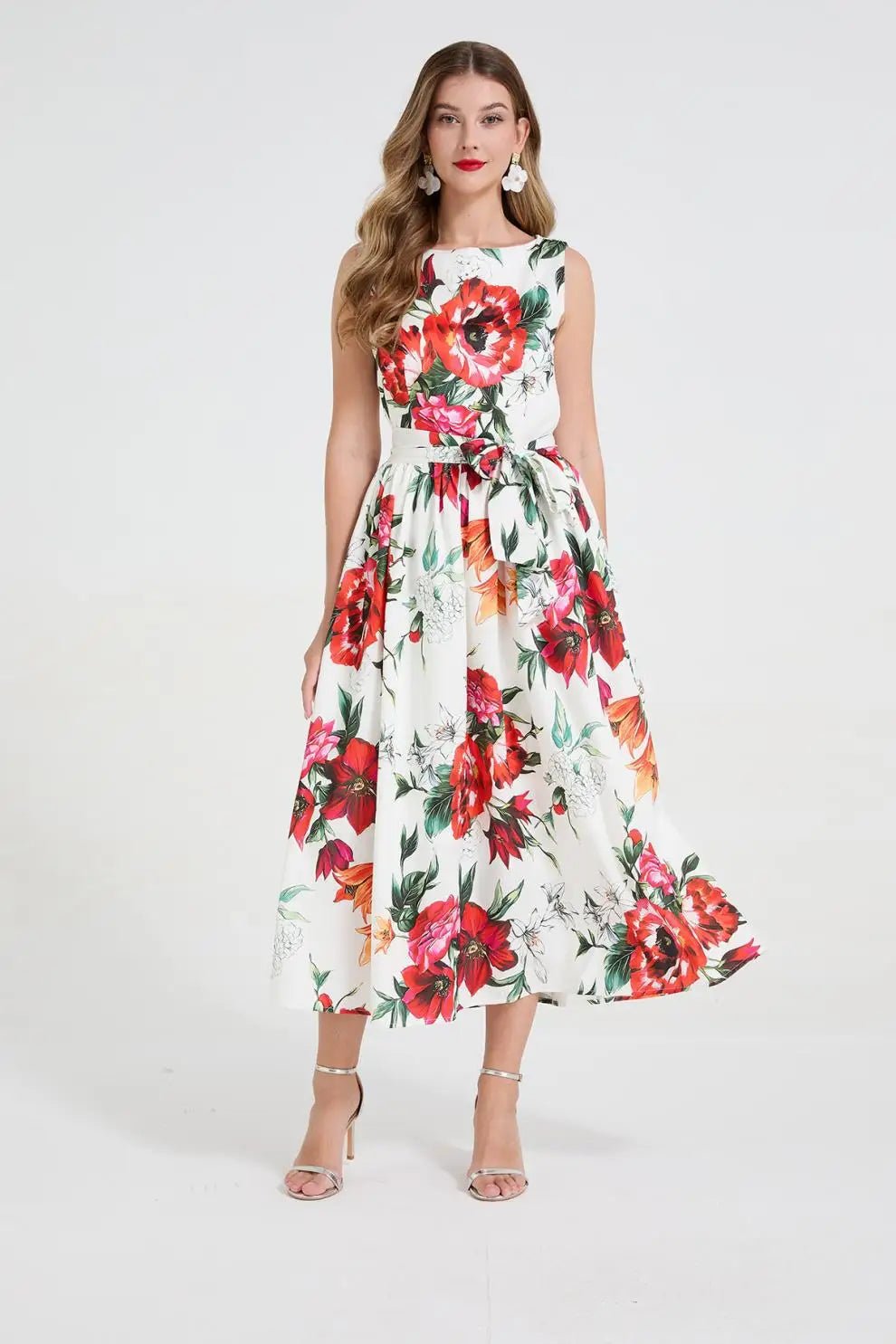 SaneShoppe - Romantic Floral Print Svel Dr High Waist Knot Waist Cinching Maxi Skirt French Sle Polyester Fiber Stree...