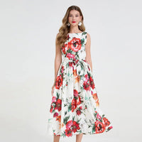 SaneShoppe - Romantic Floral Print Svel Dr High Waist Knot Waist Cinching Maxi Skirt French Sle Polyester Fiber Stree...