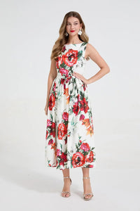 SaneShoppe - Romantic Floral Print Svel Dr High Waist Knot Waist Cinching Maxi Skirt French Sle Polyester Fiber Stree...