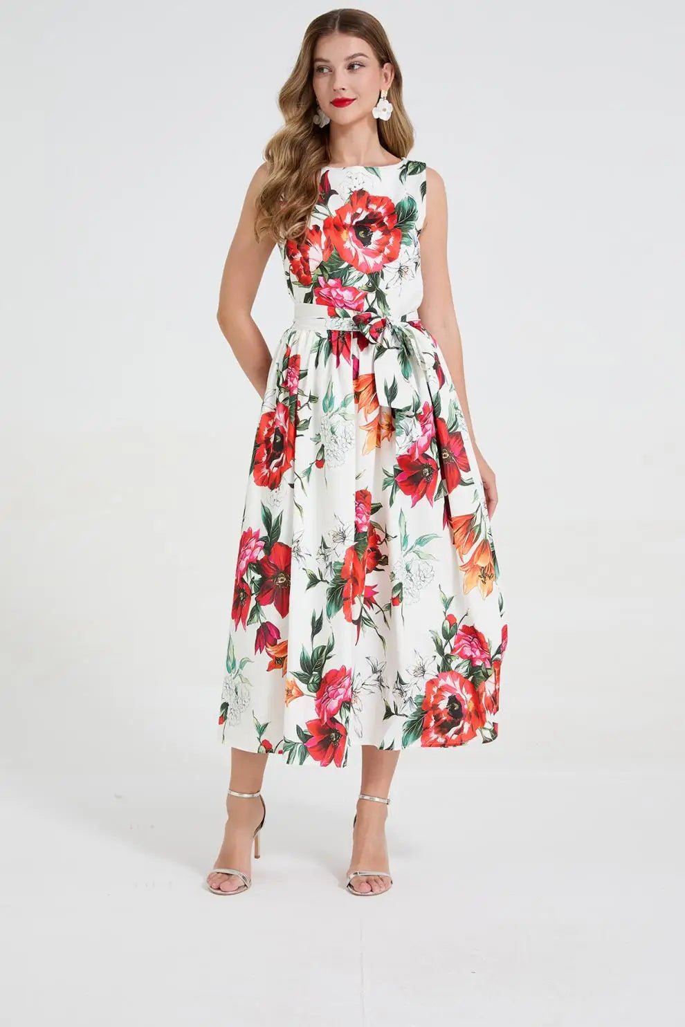 SaneShoppe - Romantic Floral Print Svel Dr High Waist Knot Waist Cinching Maxi Skirt French Sle Polyester Fiber Stree...